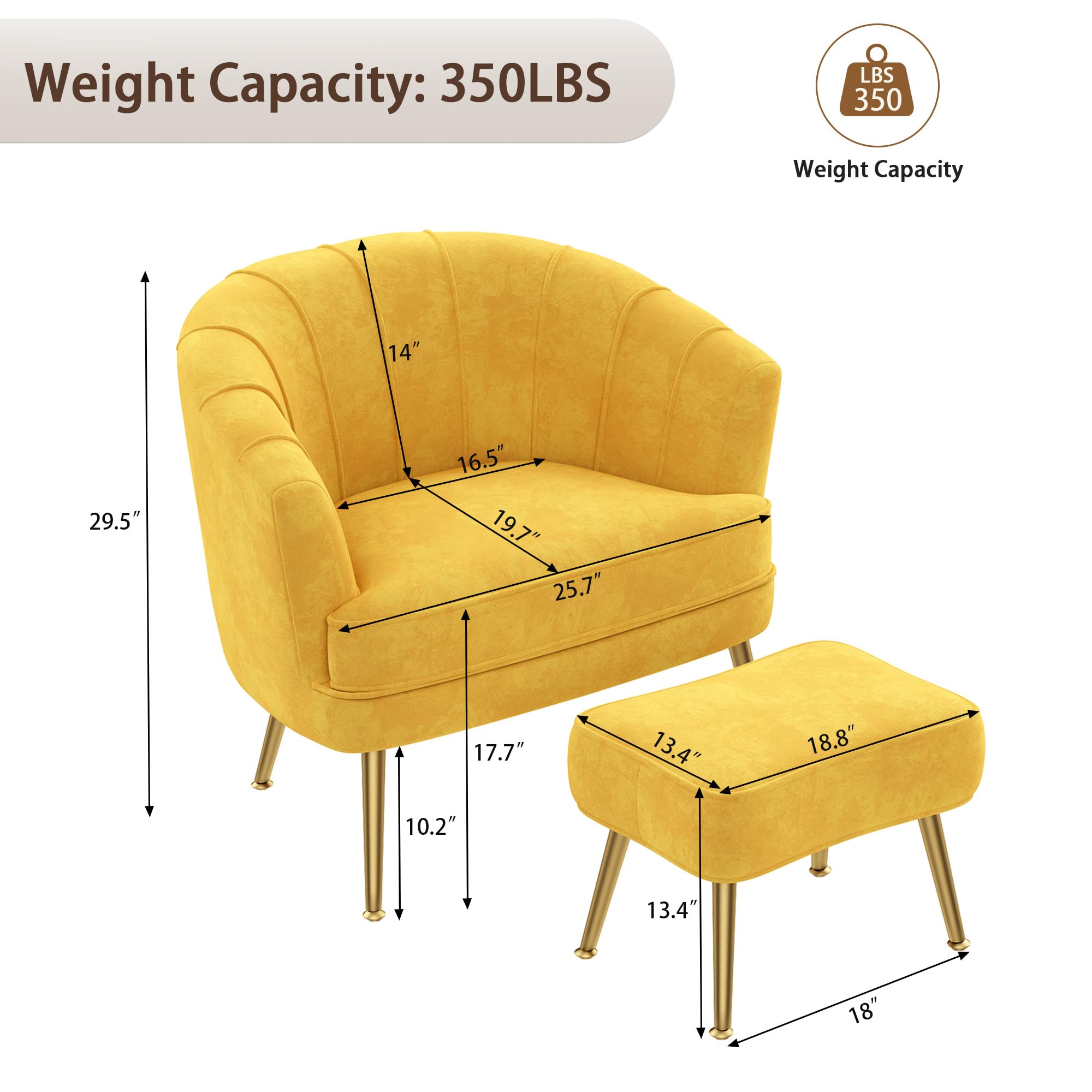 Velvet Accent Chair with Ottoman, Upholstered Modern Single Sofa Side Chair,Comfy Barrel Club Living Room Armchair with Golden Metal Legs for Office Bedroom Living Reading Room, Yellow