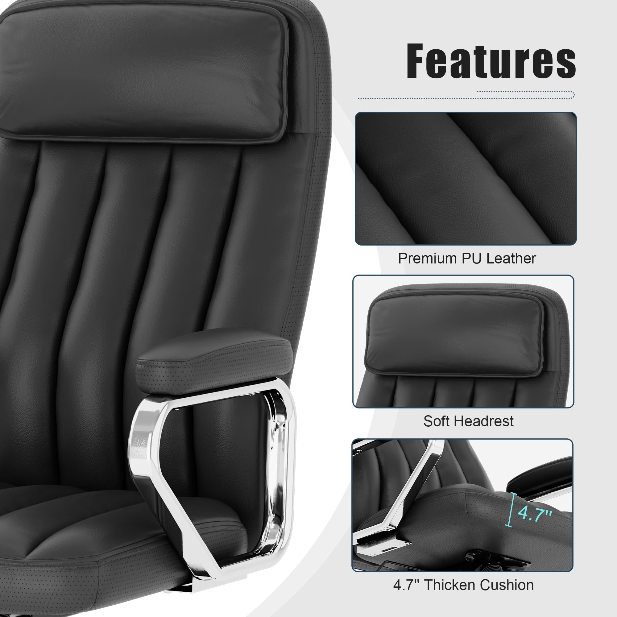 Executive Office Chair, Modern Leather Chair with Headrest & Lumbar Support, High Back Ergonomic Chair with Padded Armrests & Seat, Height Adjustable Swivel Rolling Chair for Home Office.