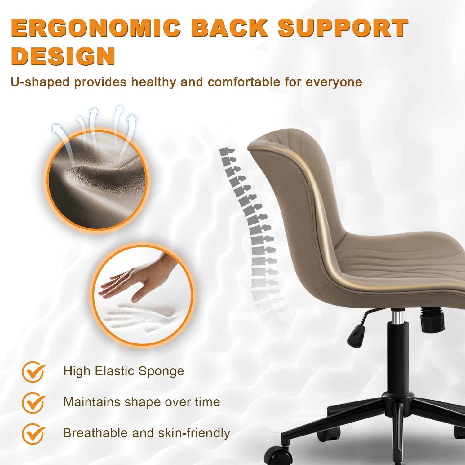 Armless Office Chair, Height Adjustable Desk Chair with Wheels, Ergonomic Comfy 360° Swivel Home Office Computer Task Chair, Faux Leather Padded Cute Vanity Chair, Khaki