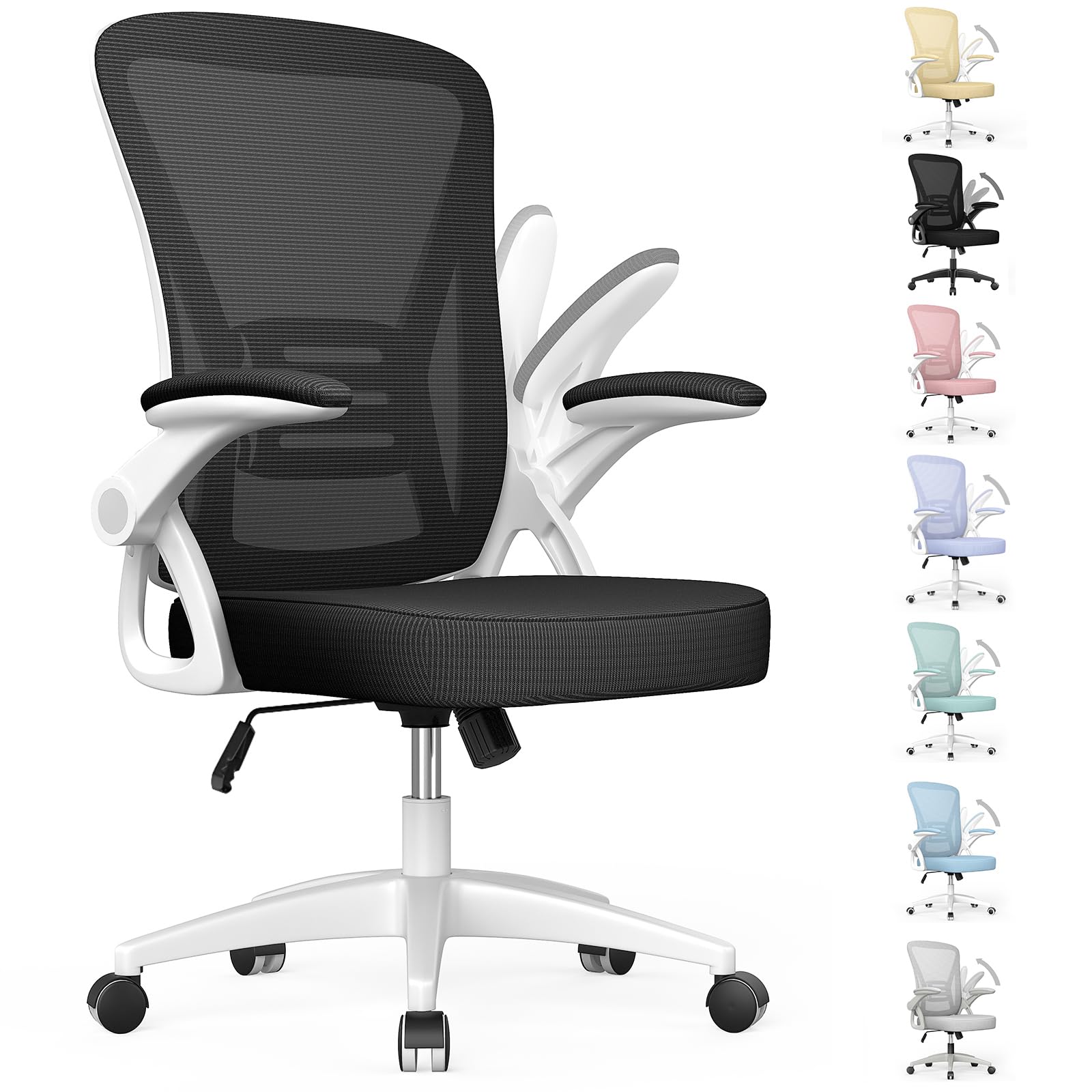 Ergonomic Office Chair, Mid-Back Computer Chair with Adjustable Height, Flip-Up Arms and Lumbar Support, Breathable Bright White Mesh Desk Chair for Home Study Working