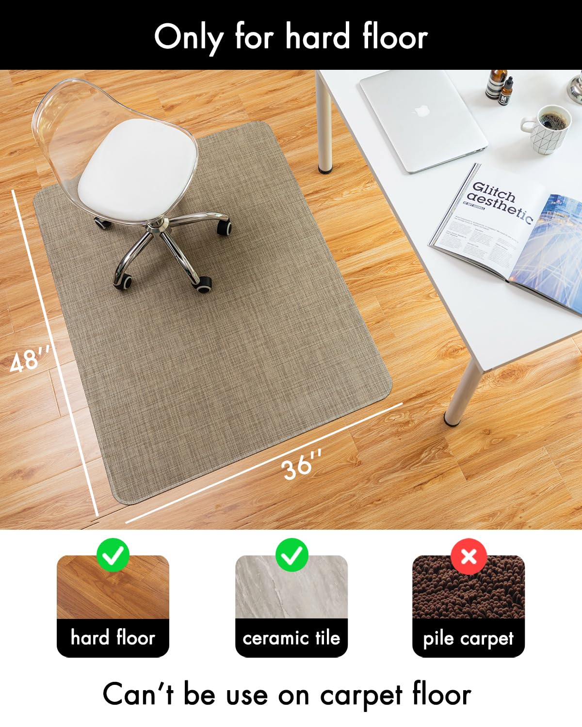 Office Chair Mat for Hardwood Floor Under Desk Computer Rolling Chair Mat for Wood/Tile Floor Non-Slip Heavy Duty Desk Rug PVC Plastic Hard Floor Protector 36" x 48"(Linen)