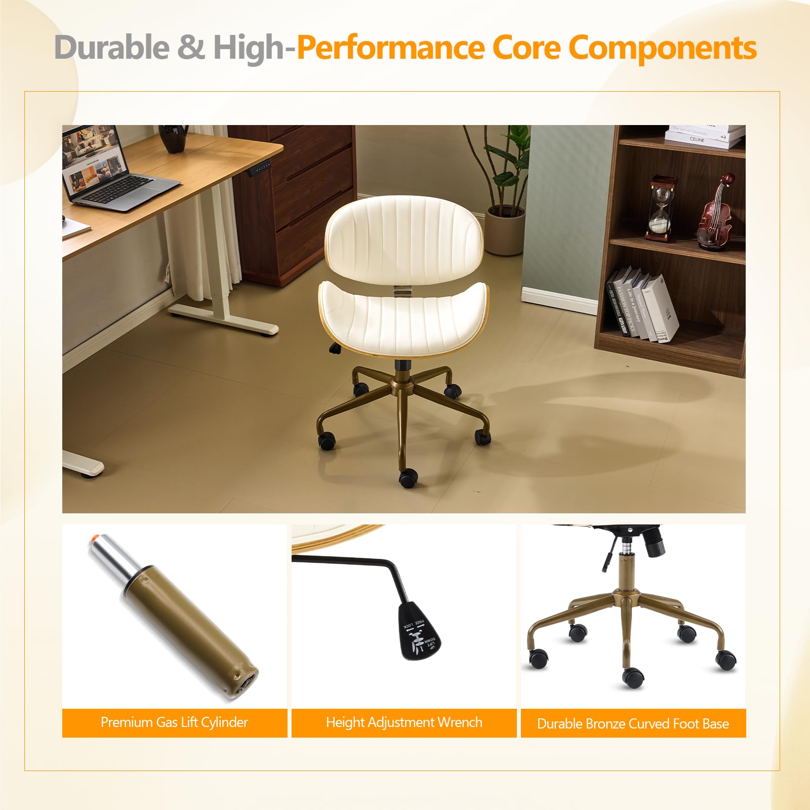 Wide Comfotable Swivel Home Office Chair with Wood-Grain Curved Shell,Ergomomic Mid-Back Padded Armless Rolling Desk Chair with Wheels,Height Adjustable for Computer,Task,Work,PU Leather,White