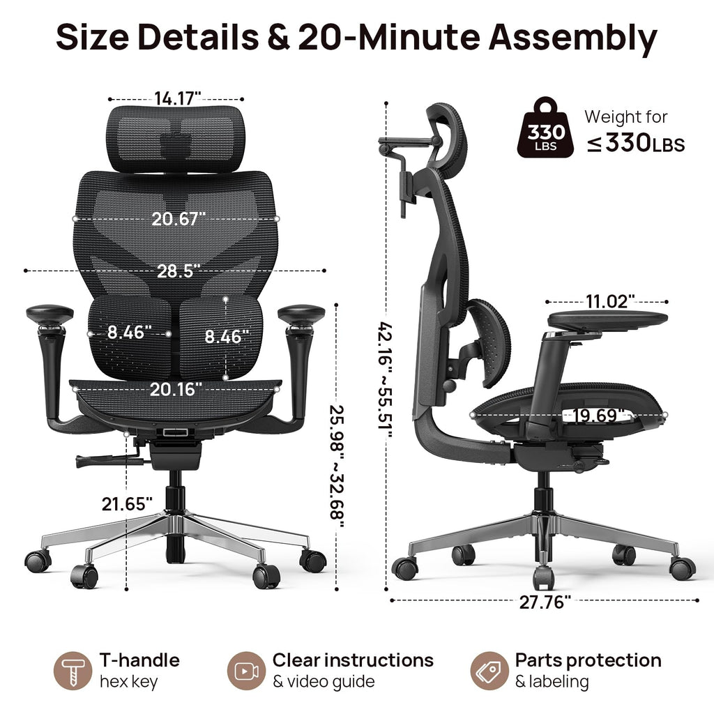 Ergonomic Office Chair with Adaptive Lumbar Support - Over 10 Hours Comfortable, Mesh Big and Tall Home Desk Chair with 4D Headrest, 630° Armrst, Seat Depth Adjustable