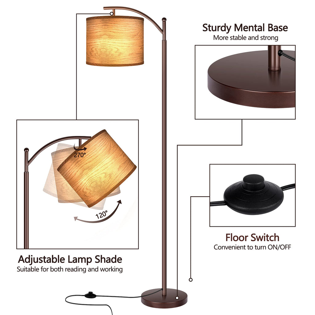 Floor Lamp for Living Room, LED Standing Lamp Tall Industrial Floor Lamp Reading for Bedroom, Office (9W LED Bulb, Wood Grain Lampshade Included) - Oil-Rubbed Bronze