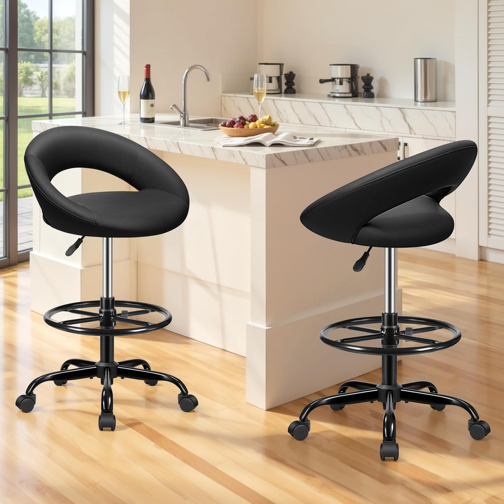 Black 2 Pack, Office Drafting Chair - Bar Stools with Back Support, Adjustable Foot Rest and Wheels, Shop Rolling Swivel Chair for Standing Desk Counter Kitchen Salon Home Vanity