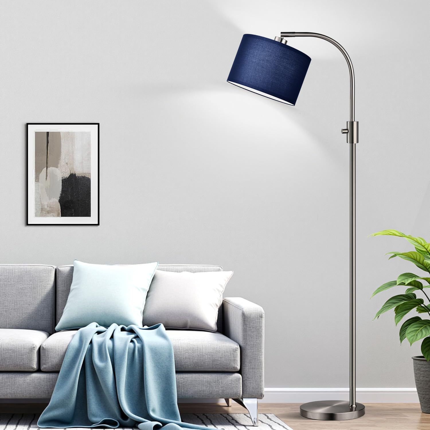 Upgraded Modern Arc Dimmable Tall Standing Floor Lamp with Blue Shade, 1200 Lumens LED Bulb Included, for Living & Reading Room, Bedroom, Office & Nursery, Brushed Nickel