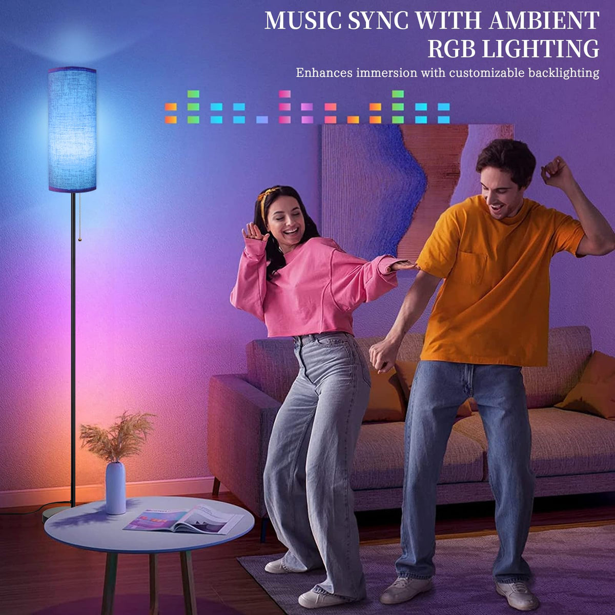 Floor Lamp for Living Room, Modern Standing Lamps with Lampshade, Minimalist Tall Lamp with Chain Switch for Living Room, LED Bulb Included (Beige Shade-RGB Bulb)