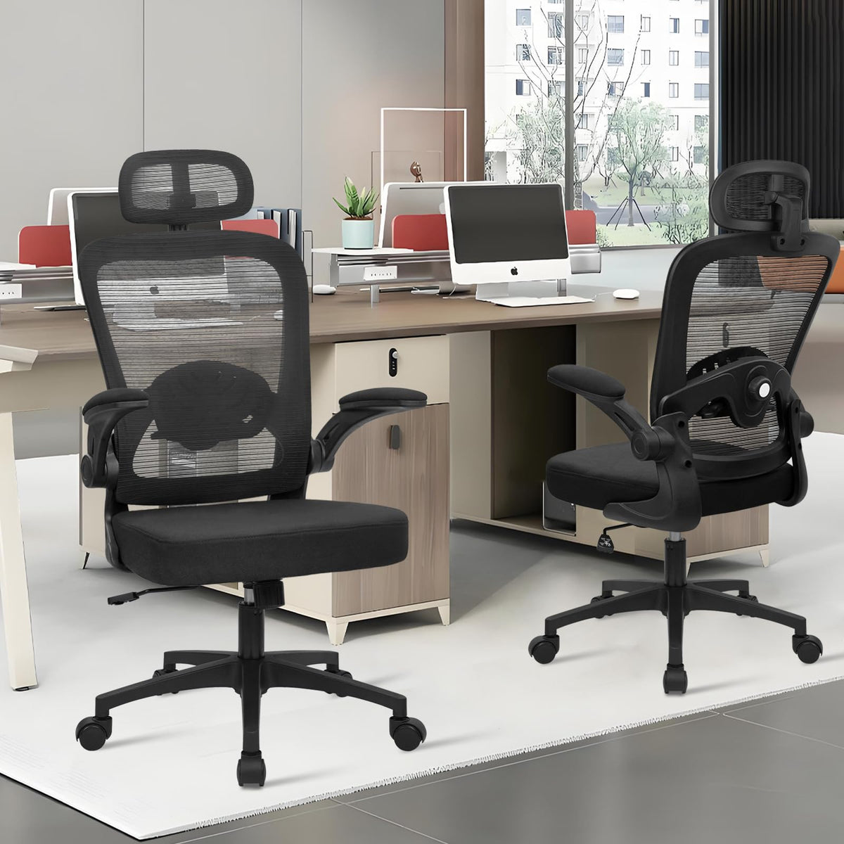 Desk Chairs with Wheels, Ergonomic Mesh Back Home Office Chair with Headrest, Adjustable Lumbar Support Swivel Rolling Computer Chairs with Flip Up Armrests for Conference Meeting Room, Black