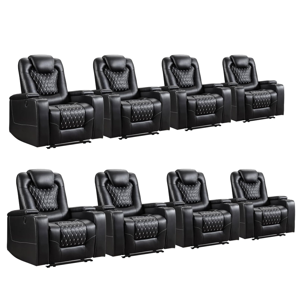 Power Recliner Chair Set of 8, Electric Soft Faux Leather Reclining Home Theater Seating - USB Ports, Cup Holders, Hidden Arm Storage Movie & Media Room Chairs (Black)