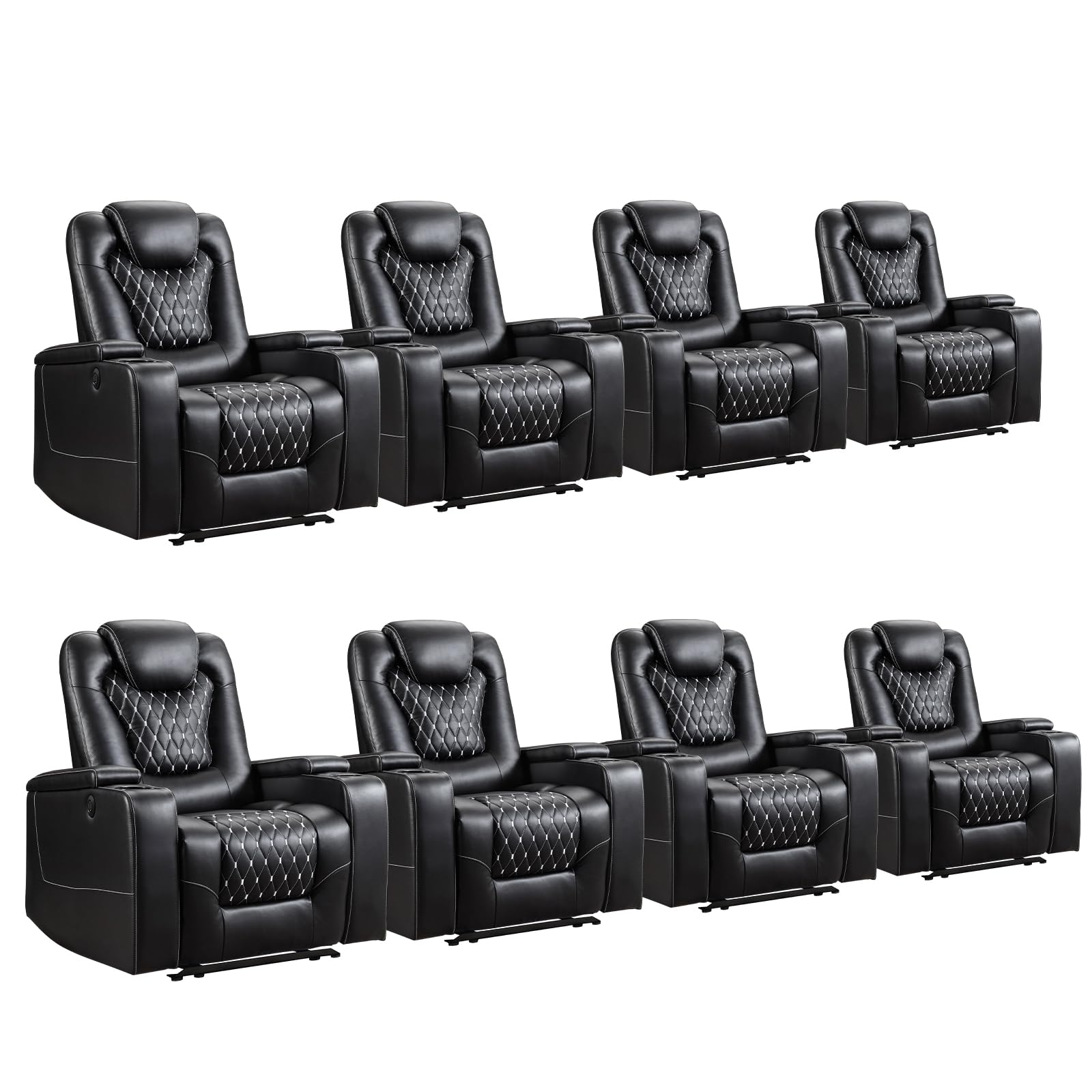 Power Recliner Chair Set of 8, Electric Soft Faux Leather Reclining Home Theater Seating - USB Ports, Cup Holders, Hidden Arm Storage Movie & Media Room Chairs (Black)