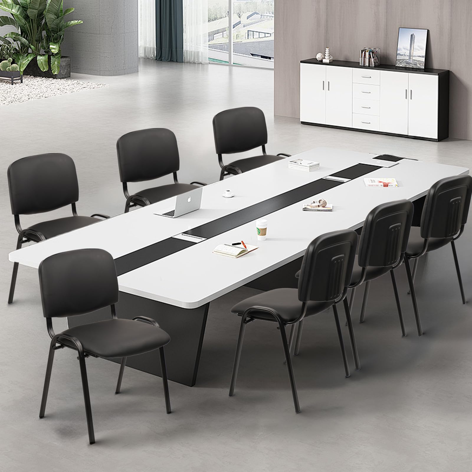 Stacking Waiting Room Chairs, PU Leather Armless Office Guest Chair with Metal Frames, Stackable Conference Room Chairs No Wheels for Reception Lobby Side Meeting Training School, Black