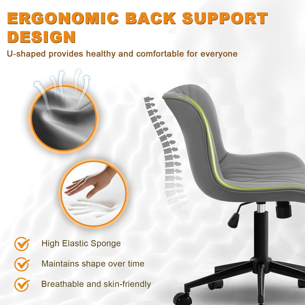 Armless Office Chair, Height Adjustable Desk Chair with Wheels, Ergonomic Comfy 360° Swivel Home Office Computer Task Chair, Faux Leather Padded Cute Vanity Chair, Gray