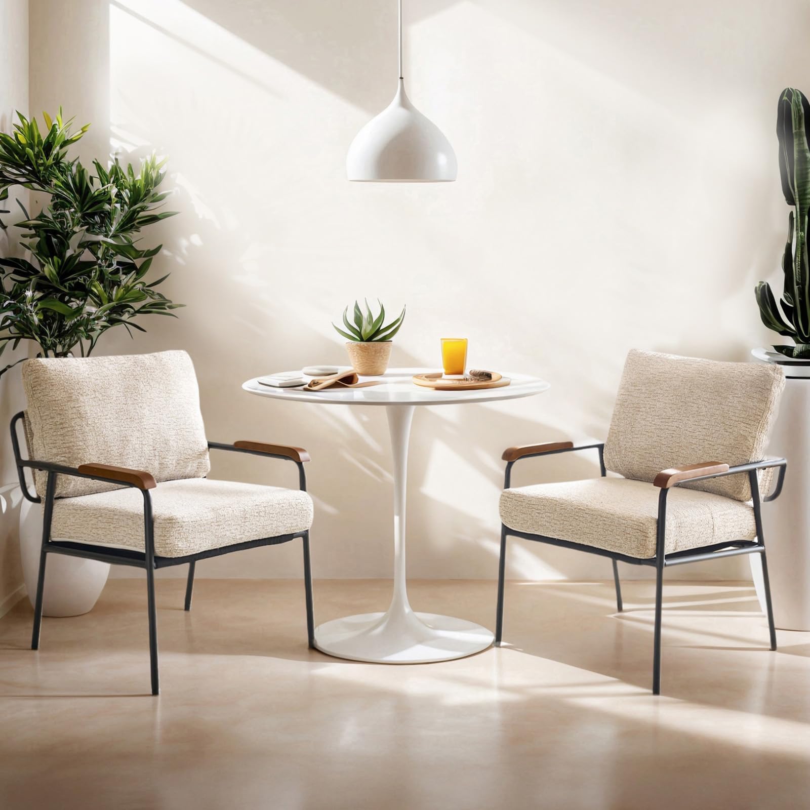 Mid-Century Modern Accent Armchairs Set of 2 for Office, Small Comfy Upholstered Leisure Reading Chairs with Wood Armrests for Office, Bedroom, Living Room, Waiting Room, Linen Beige