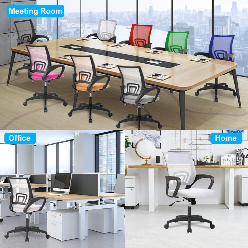 Ergonomic Office Chair | Mid-Back Swivel Desk Chair | Breathable Backrest & Lumbar Support | Adjustable Height | Sponge Seat | Rolling Wheels | White | for Adults & Women | Pack of 2