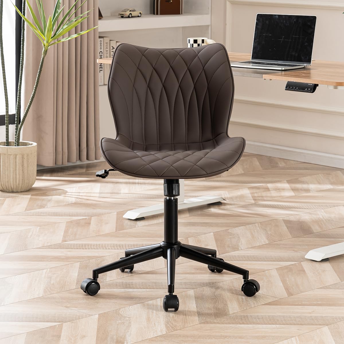 Armless Desk Chair Comfy Office Chair with Wheels Home Ergonomic Task Chair Adjustable Computer Chairs Modern Faux Leather Swivel Chair Upholstered Makeup Vanity Chair with Back(Brown)