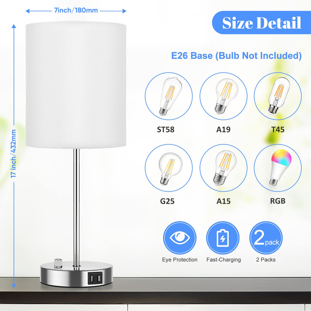 Set of 2 Table Lamps with USB Ports, White Bedside Lamps with AC Outlet