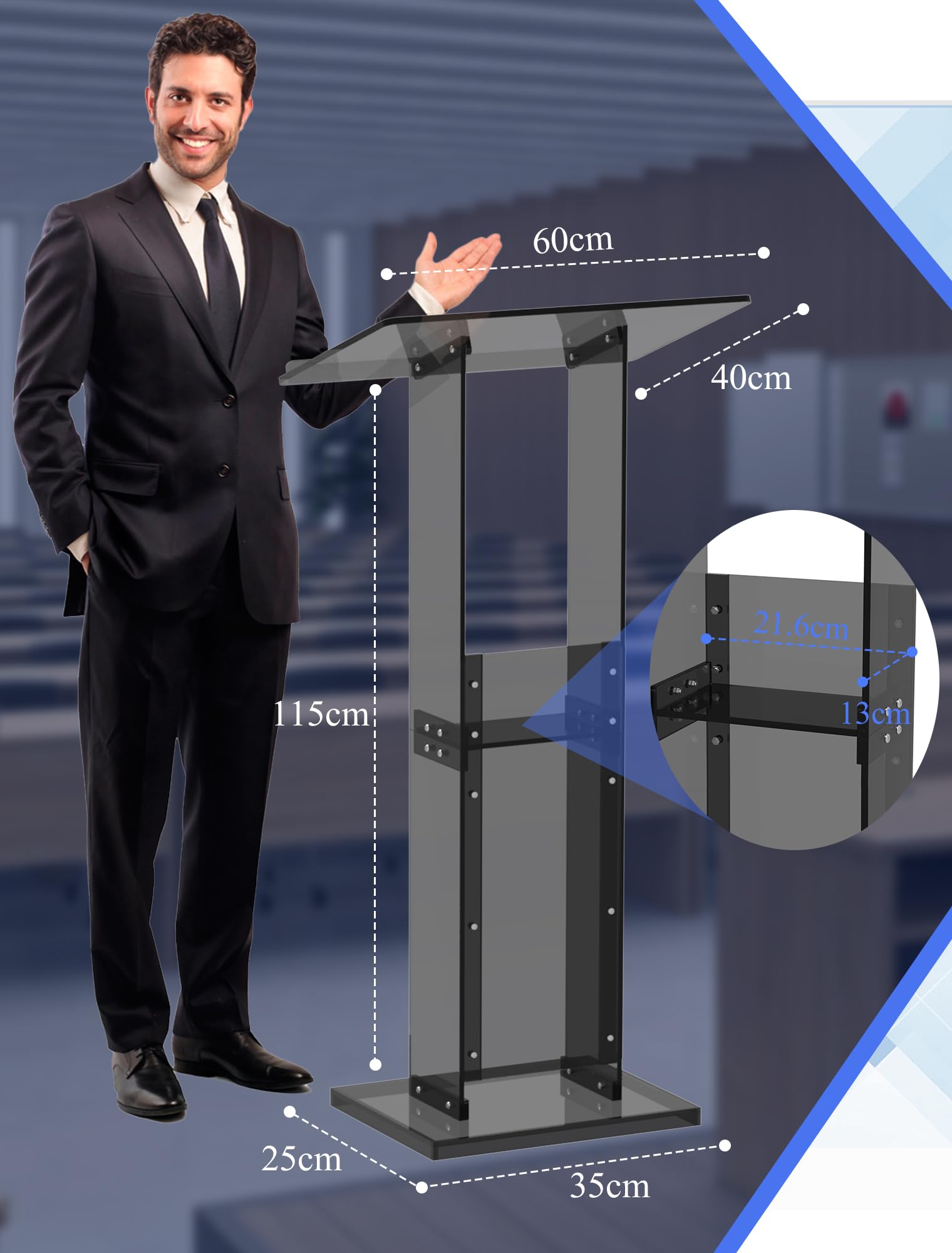 Acrylic Podium Stand with Storage Shelf, 45.5" Modern Black Lectern with Reading Platform for Classroom, Weddings, Conference, Concert, Professional Presentation Podiums