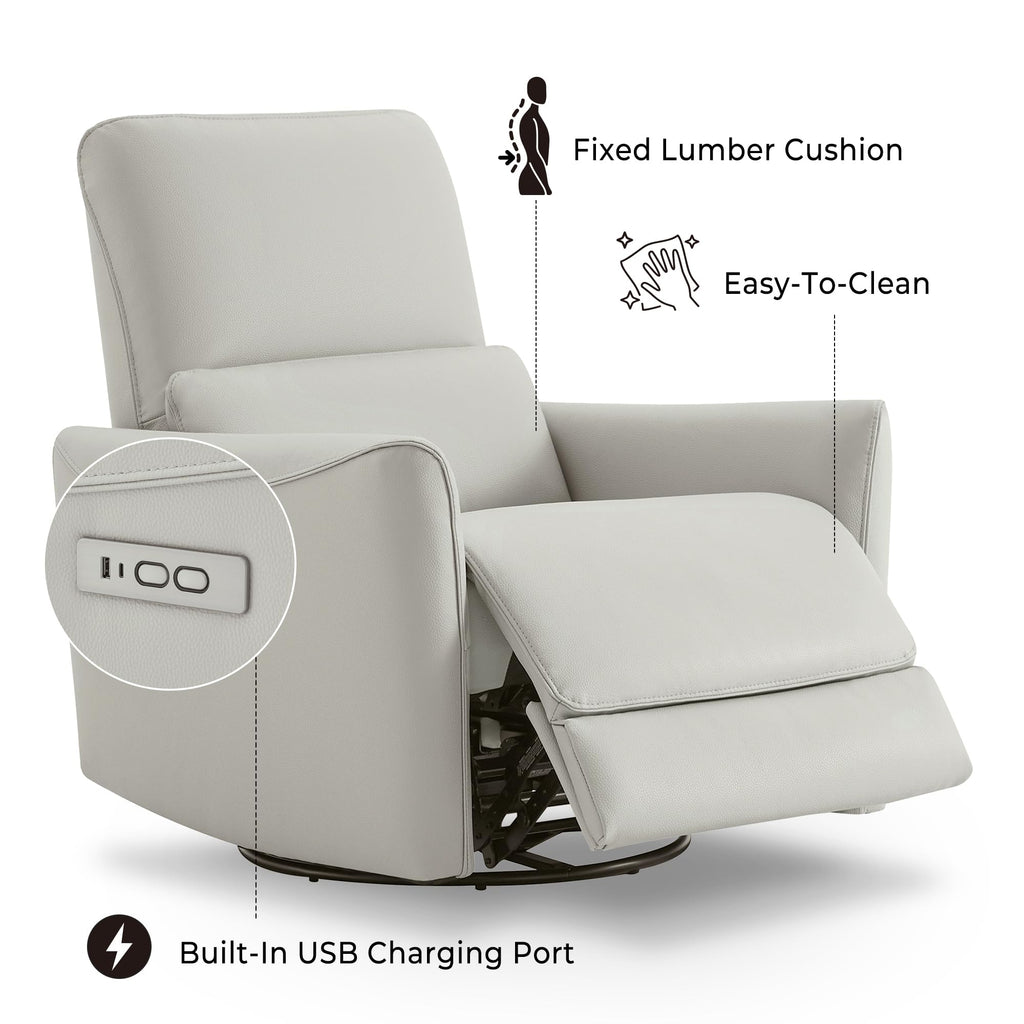 Power Recliner Chair Swivel Glider, FSC Certified Upholstered Faux Leather Living Room Nursery Reclining Sofa Chair with Lumbar Support, Cream