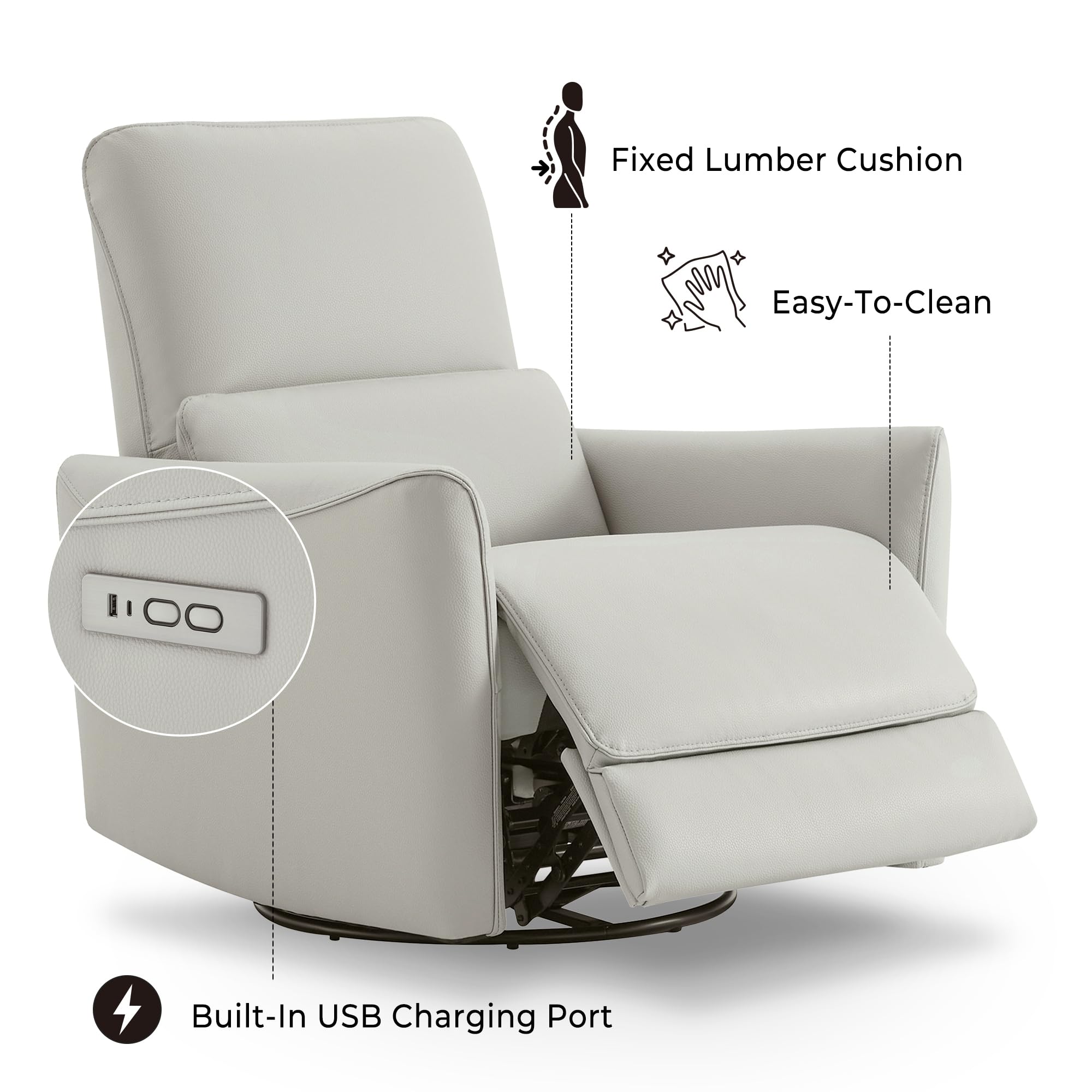 Power Recliner Chair Swivel Glider, FSC Certified Upholstered Faux Leather Living Room Nursery Reclining Sofa Chair with Lumbar Support, Cream