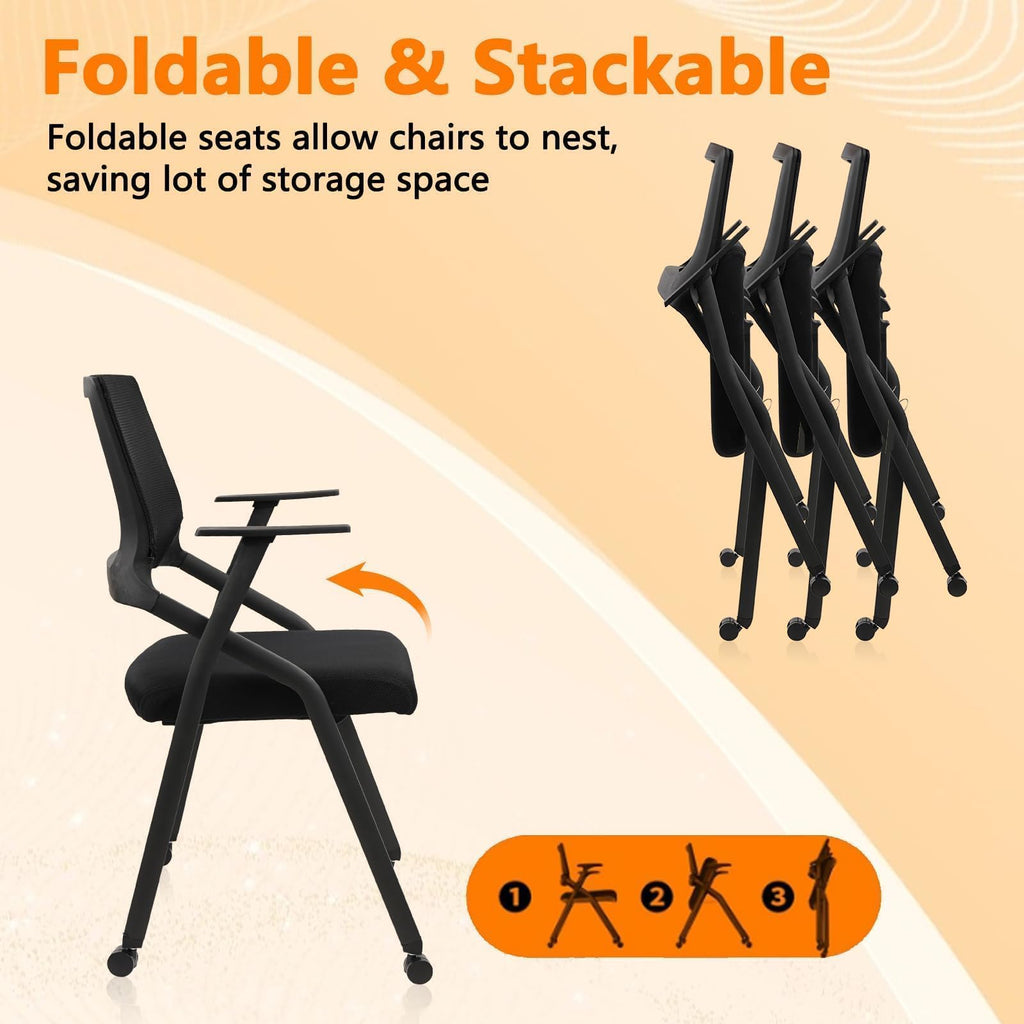 Black (40 pk) Ergonomic Stackable & Foldable Conference Room Chairs, Mesh Office Chair with Arms and Wheels for Office Waiting Room Meeting Lobby Church School Receptions and Training