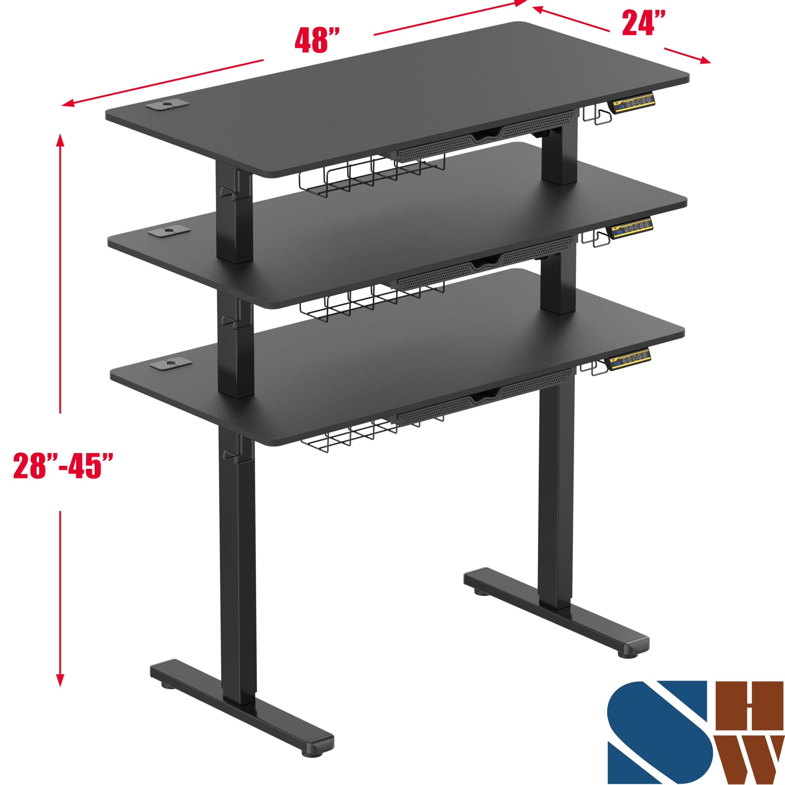 48-Inch Electric Height Adjustable Standing Desk with Drawer, Memory Preset and Cable Management Tray, Black