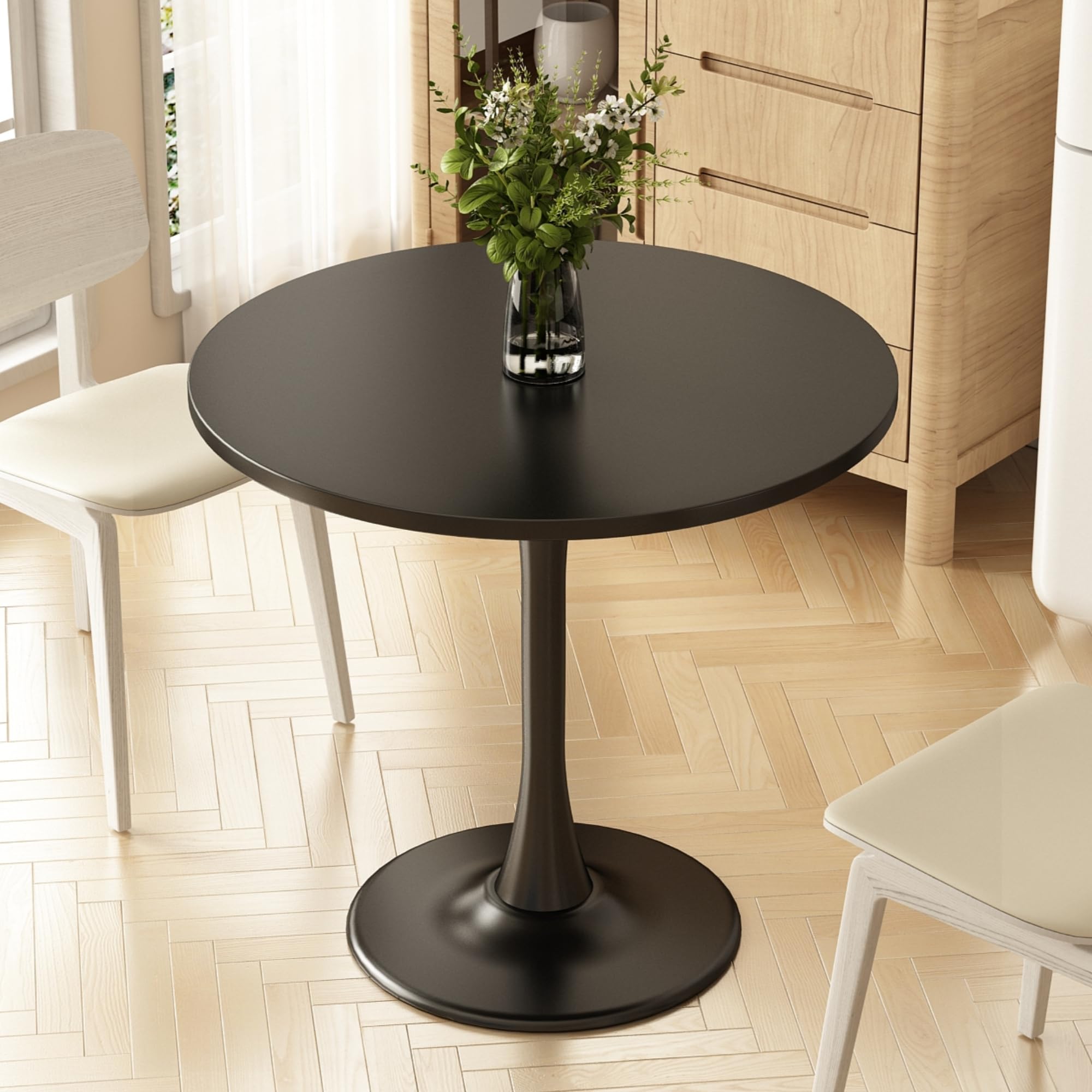 Kasinali Round Dining Table 30" Circle Tulip Table with Wood Thickened Tabletop & Sturdy Metal Pedestal Mid Century Modern Leisure Bistro Kitchen Tables 4 People Small Places Living Room Cafe,Black