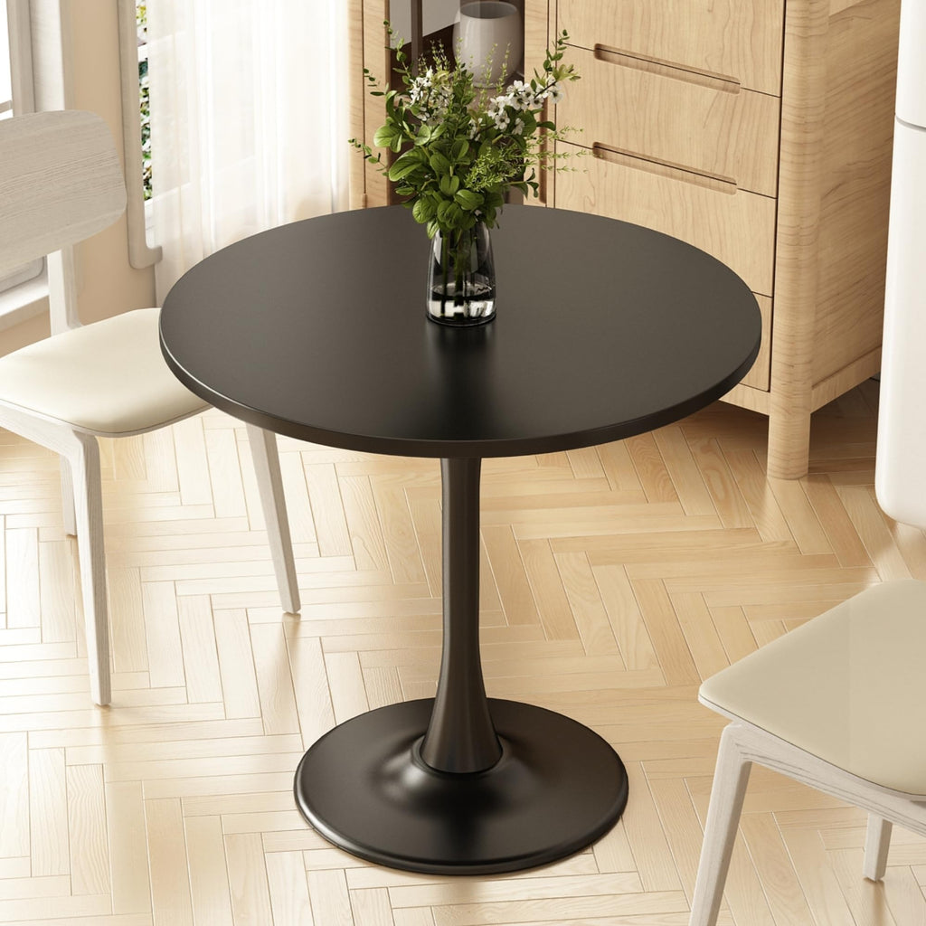 Kasinali Round Dining Table 30" Circle Tulip Table with Wood Thickened Tabletop & Sturdy Metal Pedestal Mid Century Modern Leisure Bistro Kitchen Tables 4 People Small Places Living Room Cafe,Black