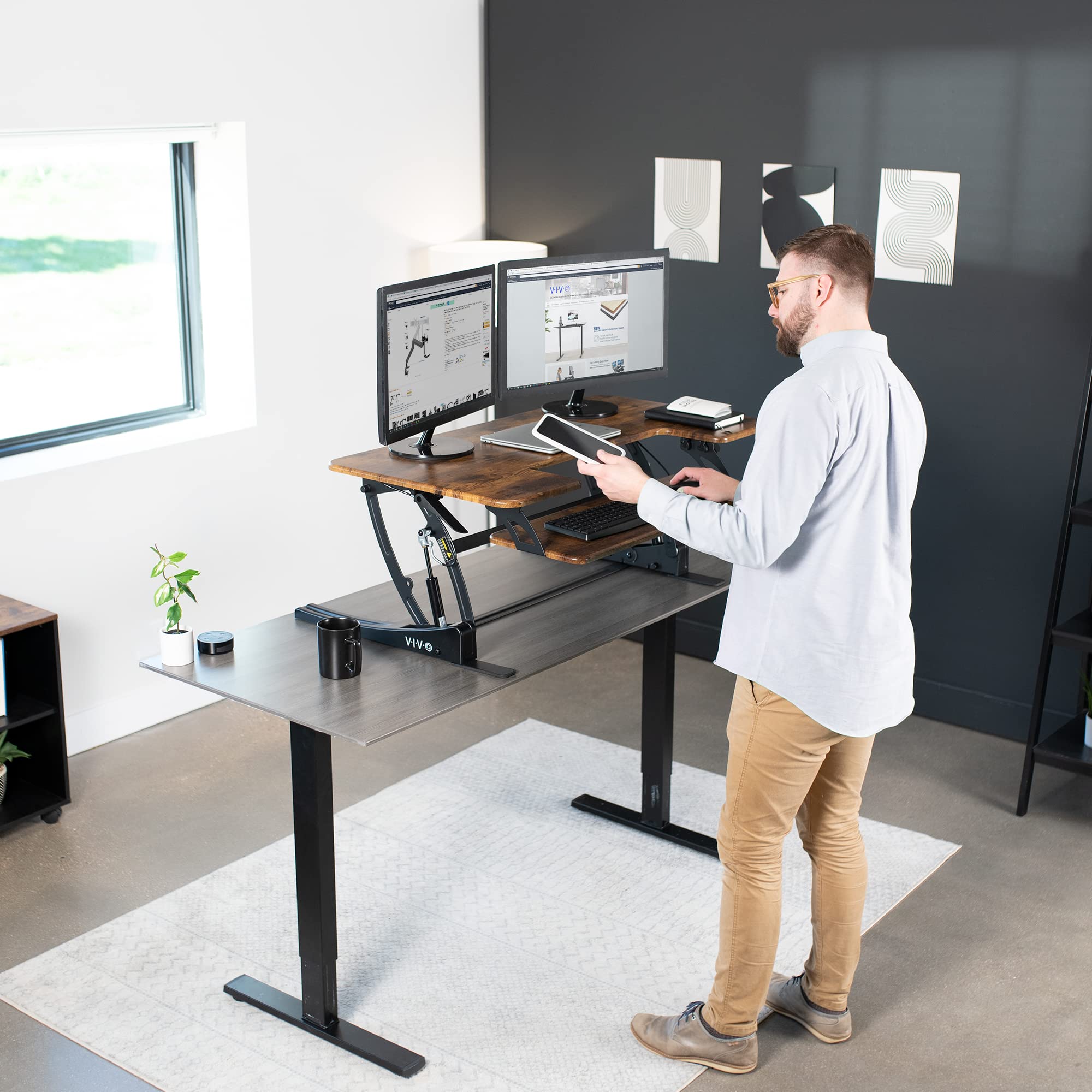 42 inch Height Adjustable Stand Up Desk Converter, V Series, Quick Sit to Stand Tabletop Dual Monitor Riser Workstation, Rustic Vintage Brown Top, Black Frame, DESK-V000VLN