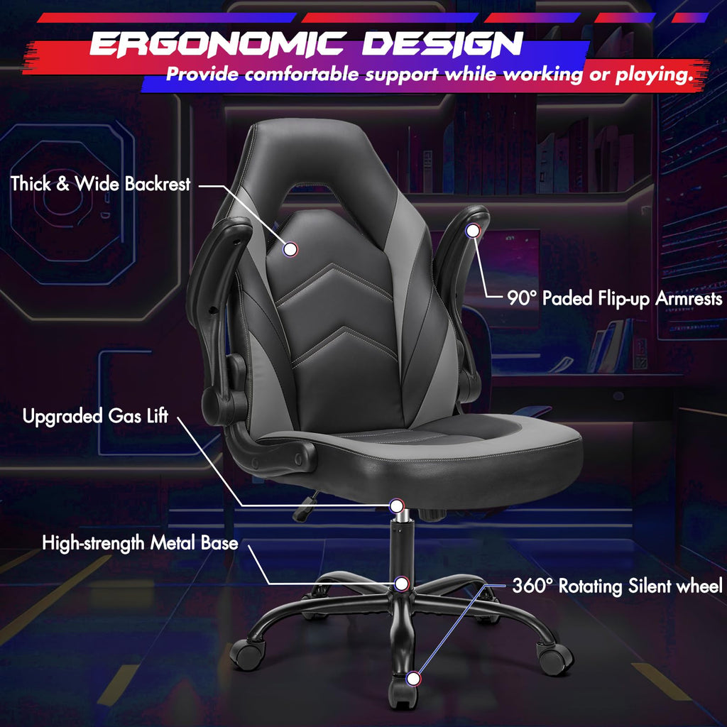 Computer Gaming Desk Chair - Ergonomic PU Leather with Comfy Lumbar Support, Height Adjustable Rolling Desk with Flip-up Armrests, for Home and Office