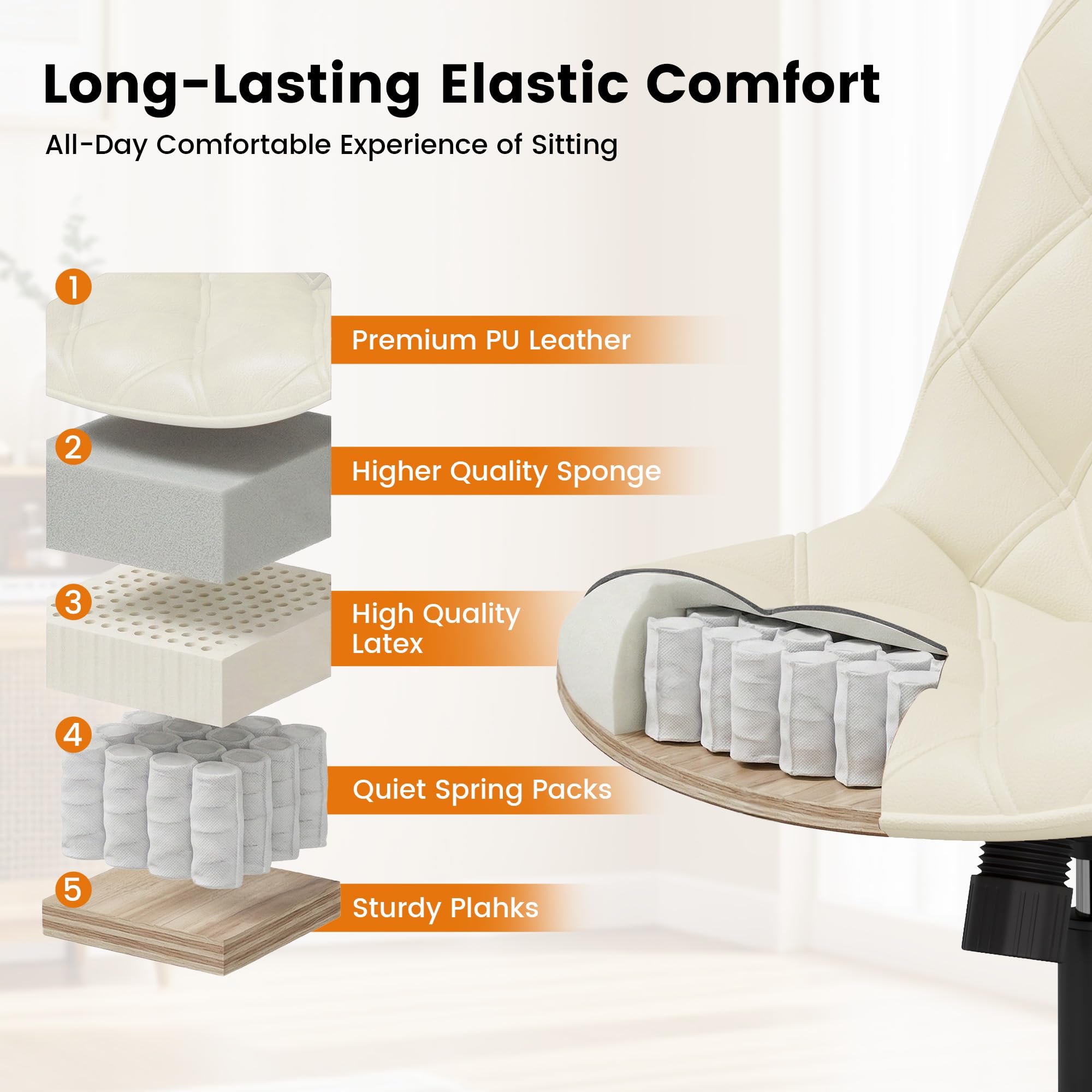 Armless Office Chair, Mid Back Modern Desk Chair with Rubber Wheels, 360 Swivel PU Leather Office Chair No Arms, Adjustable Height Small Computer Chair, Armless Desk Chair for Office, White