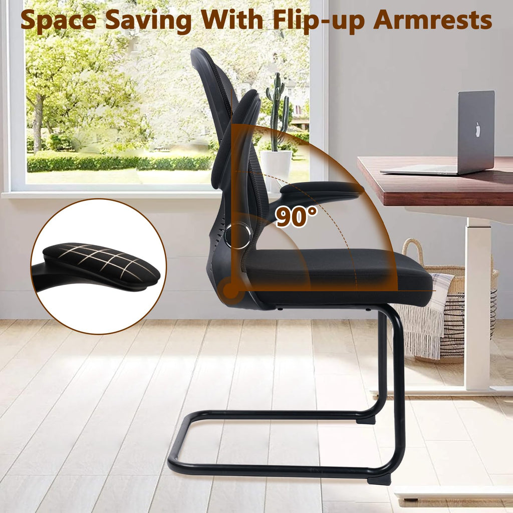Black (2PK) Office Guest Chair no Wheels, Ergonomic Mesh Desk Chair Adjustable Lumbar Support and Flip Up Arms, Sled Base for Office Guest & Reception Chairs for Conference Room,