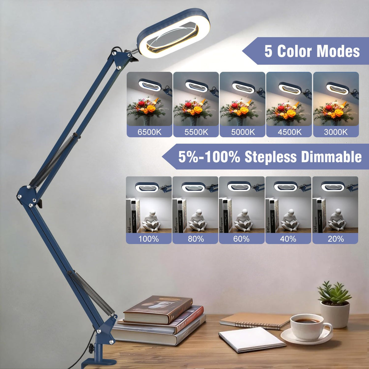16" Extra Long Magnifying Glass with Light and Clamp, Real Glass, 5 Color Modes, Stepless Dimmable, Lighted Magnifier with Stand Hands Free, LED Swing Arm Desk Lamp for Close Work, Craft, Blue