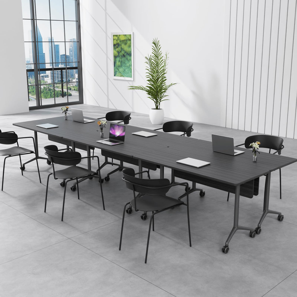 Folding Conference Table with Wheels, Flip-Top, 61in, 4 Pack, Ebony