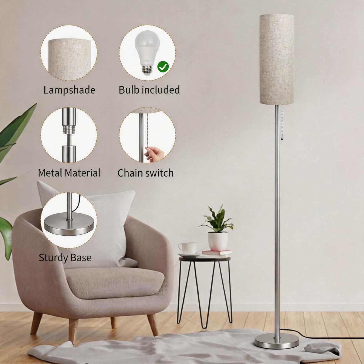 Floor Lamp for Living Room, Modern Standing Lamps with Lampshade, Minimalist Tall Lamp with Chain Switch for Living Room, LED Bulb Included (Nickel Body+Beige Shade)