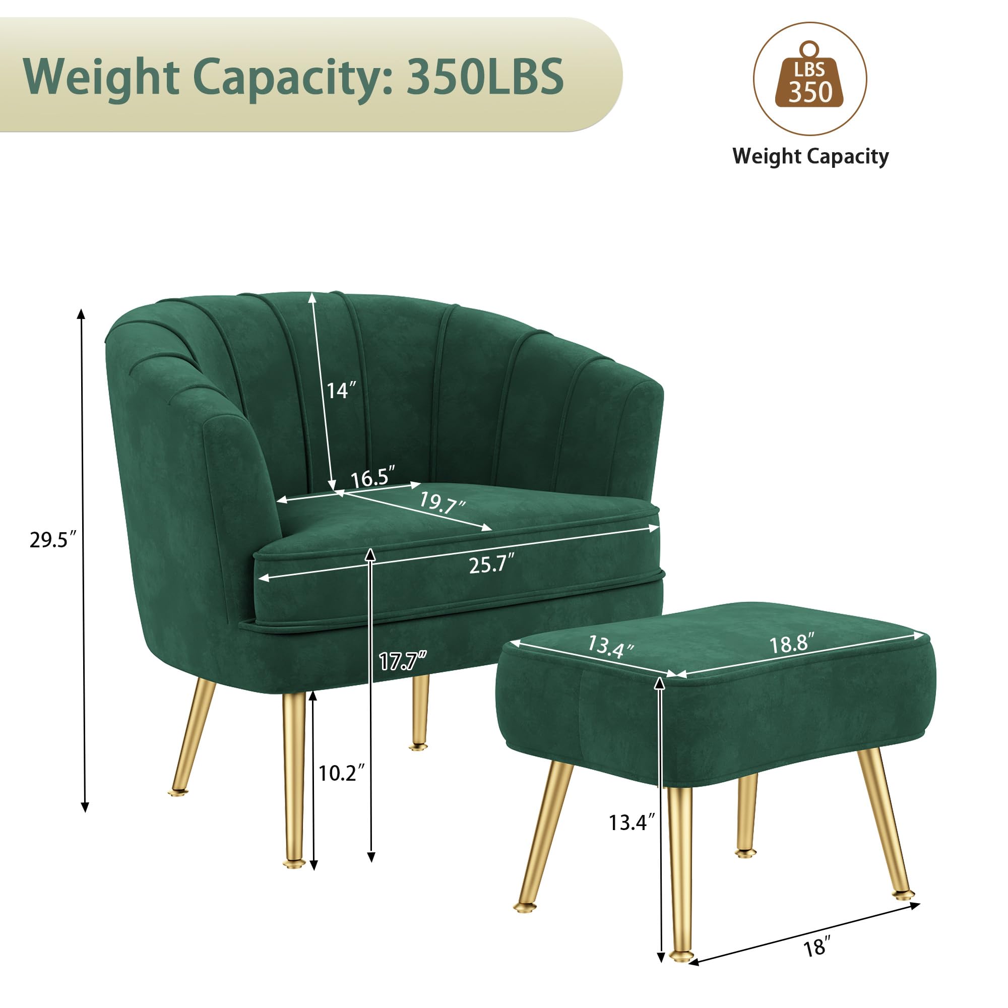 Velvet Accent Chair with Ottoman, Upholstered Modern Single Sofa Side Chair,Comfy Barrel Club Living Room Armchair with Golden Metal Legs for Office Bedroom Living Reading Room, Green