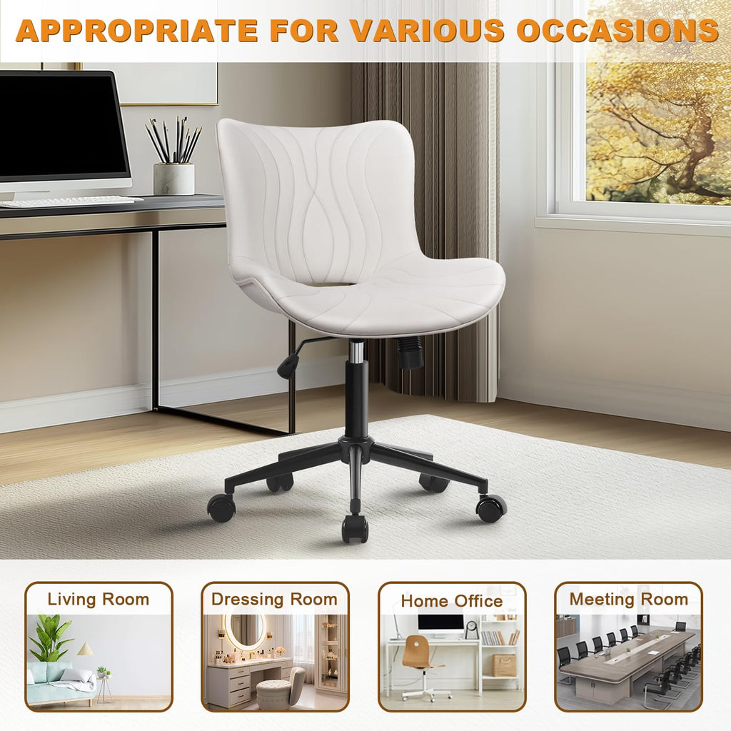 Armless Office Chair, Height Adjustable Desk Chair with Wheels, Ergonomic Comfy 360° Swivel Home Office Computer Task Chair, Faux Leather Padded Cute Vanity Chair, White