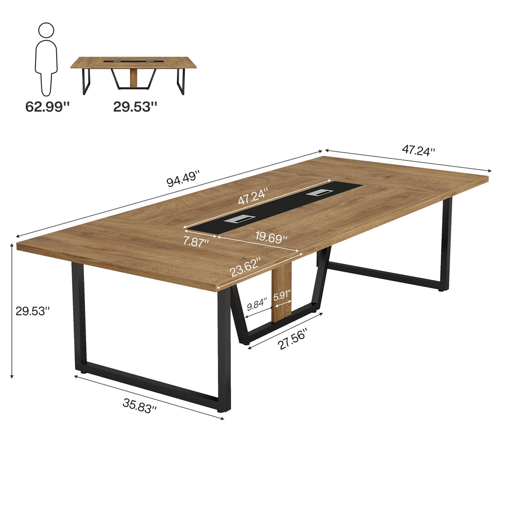 8FT Conference Table, 94.49 L x 47.24 W x 29.53 H Inches Large Meeting Podcast Table for 10 People, Business Style Wooden Training Table with Strong Metal Frame for Office Conference