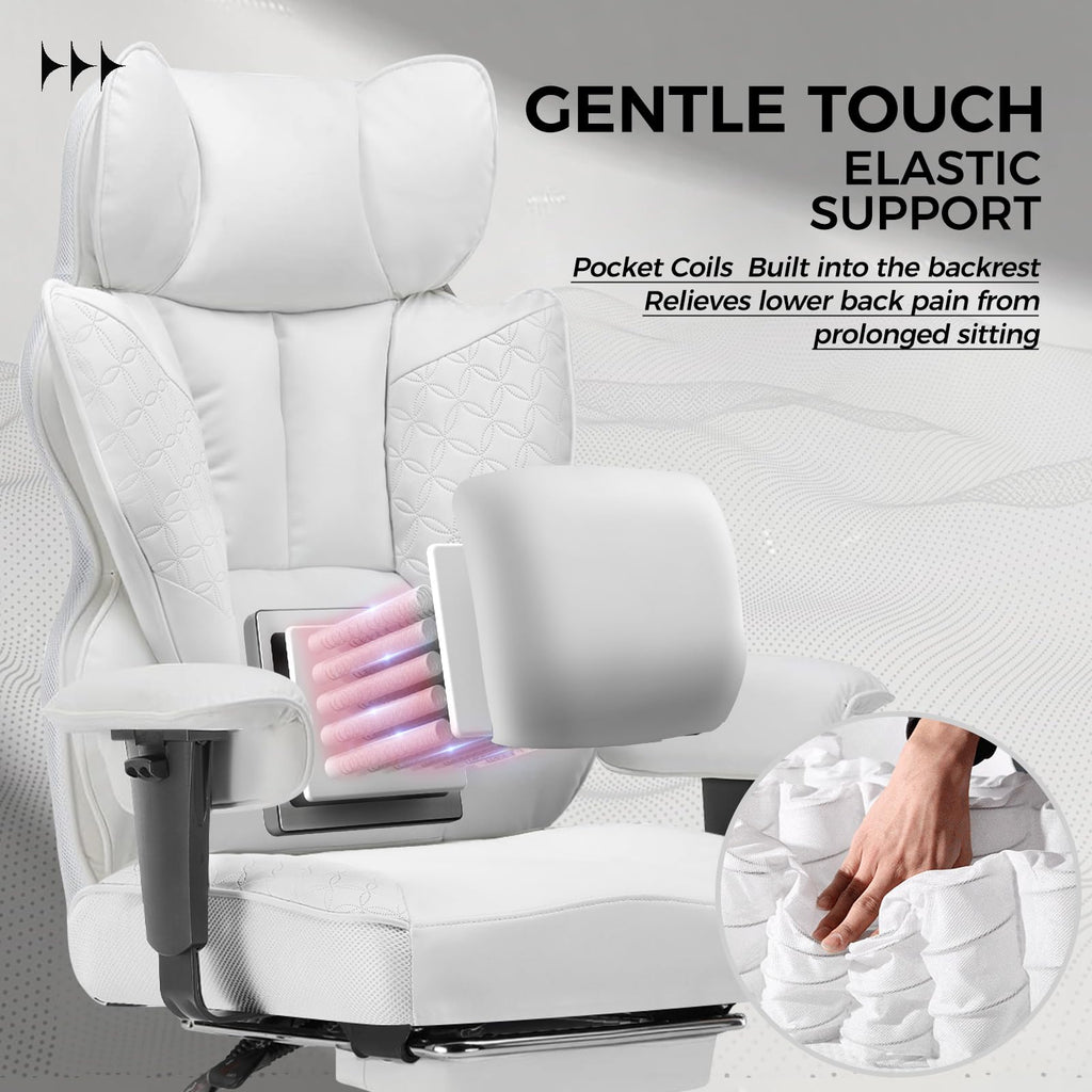Big and Tall Gaming Chair 400lbs Heavy Duty Office Chair with Foot Rest & Ergonomic Pocket Spring Lumbar Support, High Back Executive Computer Desk Chair for Lower Back Pain Relief, White