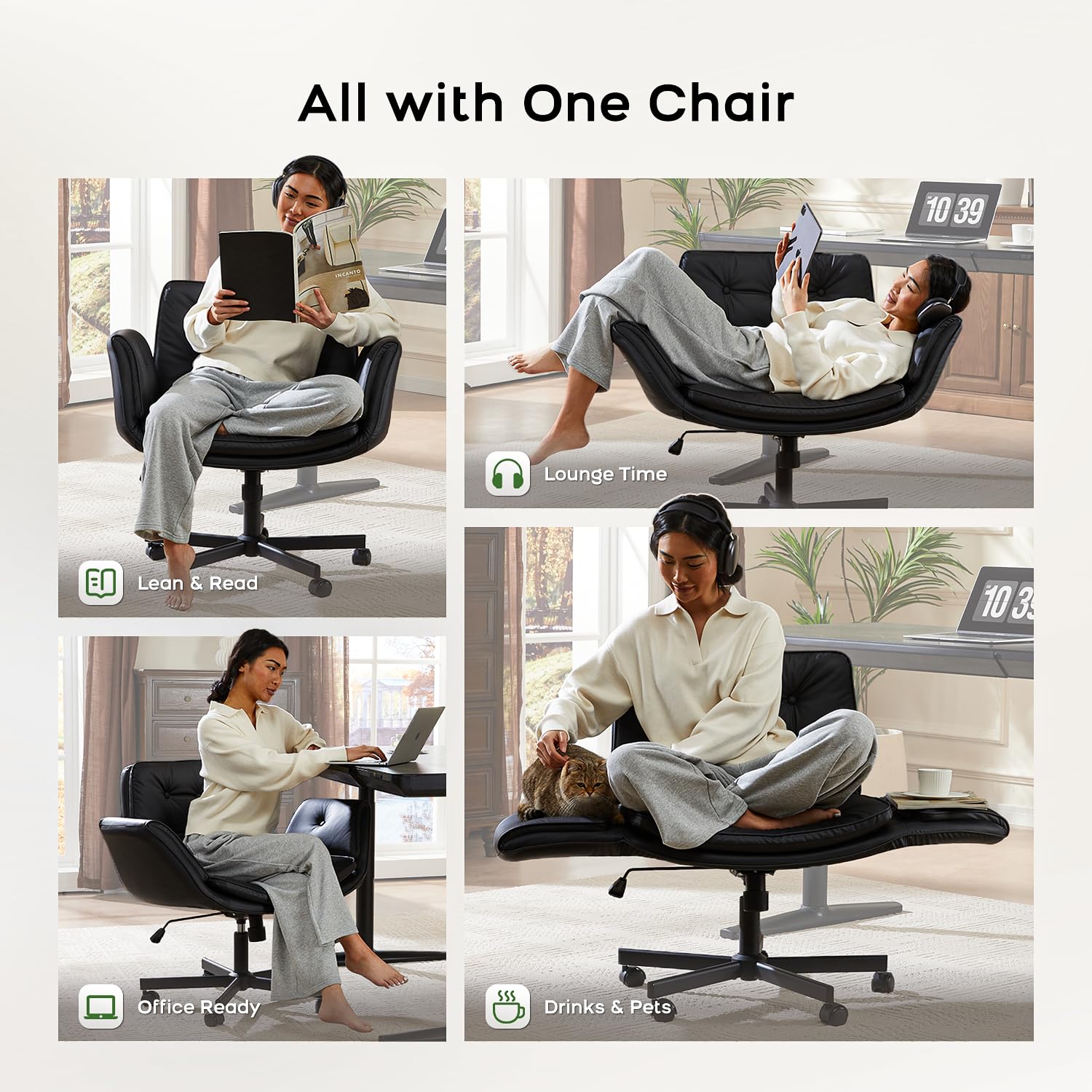 Criss Cross Office Chair, PU Leather Vanity Chair with 5-Level Adjustable Armrests & Swivel, Ergonomic Criss Cross Chair for Home Office Bedroom Makeup（Black）