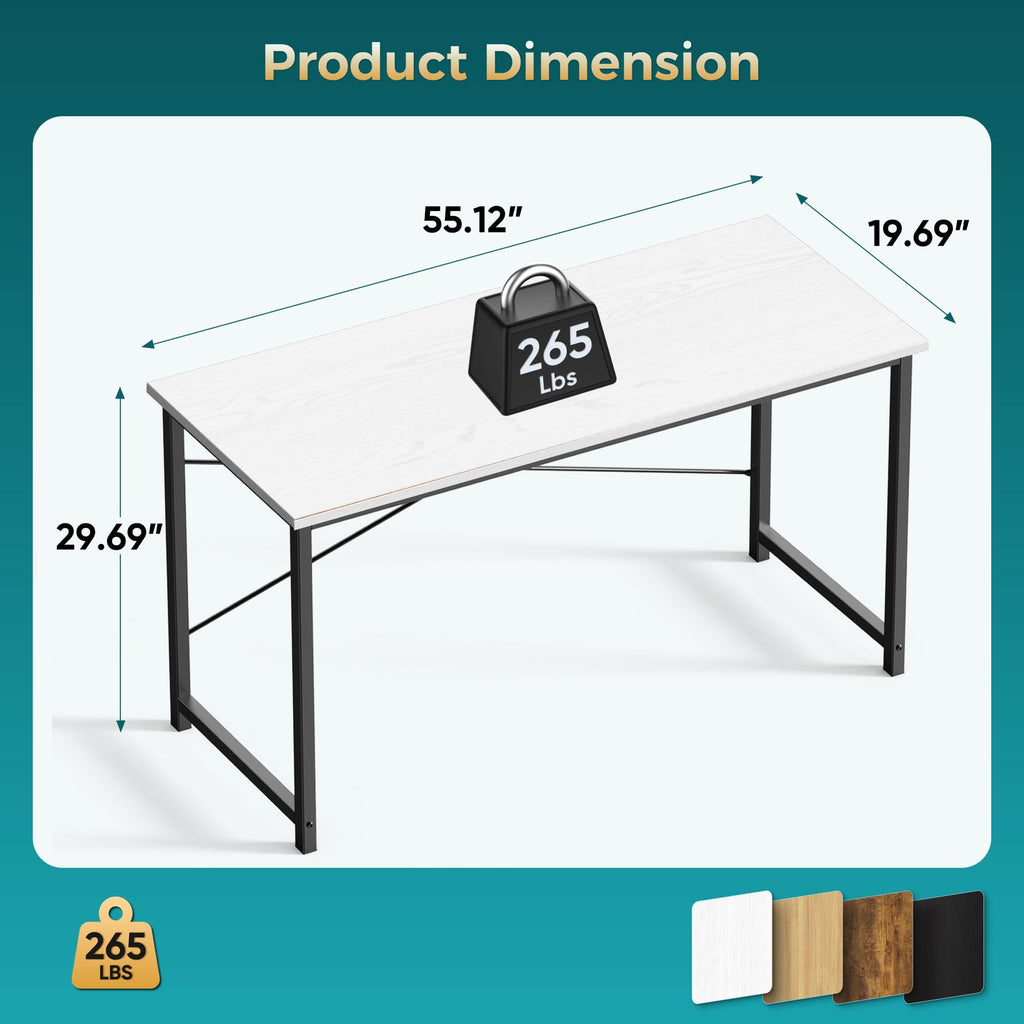 55 Inch Computer Desk for Home Office, Modern Study Work Table Simple Style for Bedroom Small Space, Large Writing Desks with X-Shaped Reinforcement, Wood White