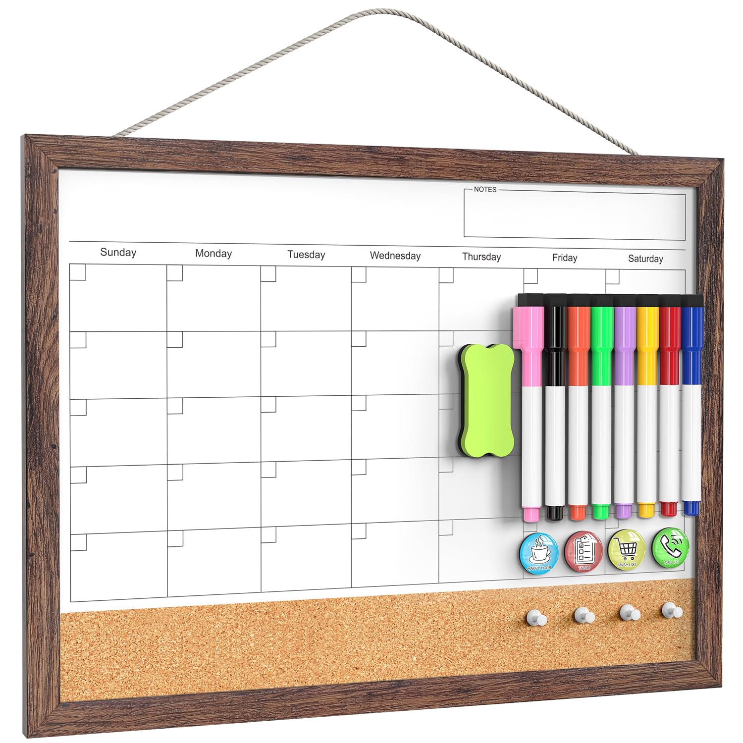 Calendar Whiteboard for Wall, 17x13 Inches White Board Calendar Dry Erase, Small Magnetic White Board with Wood Frame, Hanging Dry Erase Board for Kitchen Home Office School Planner