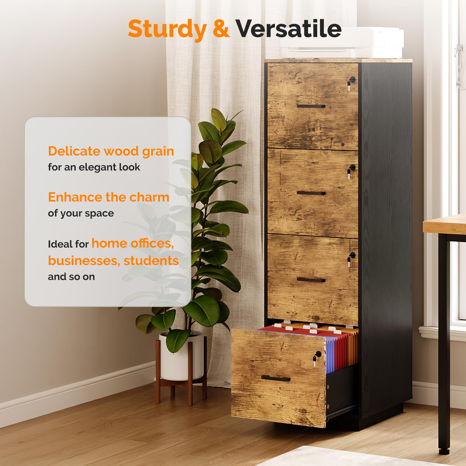 4 Drawer File Cabinet with Lock, Home Office Filing Organizer, for Letter Size File Folder Storage, Wood Tall Vertical Filing Cabinet, Printer Stand, Archivador (Rustic Brown)