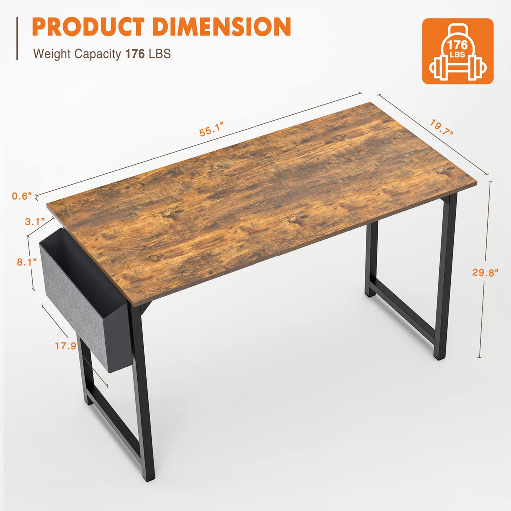 Computer Office Desk 55 Inch Student Study Writing Work with Metal Frame Wood Tabletop Modern Simple PC Home Bedroom Table, Rustic Brown, Compact Sturdy Desk for Laptop, Study, Gaming