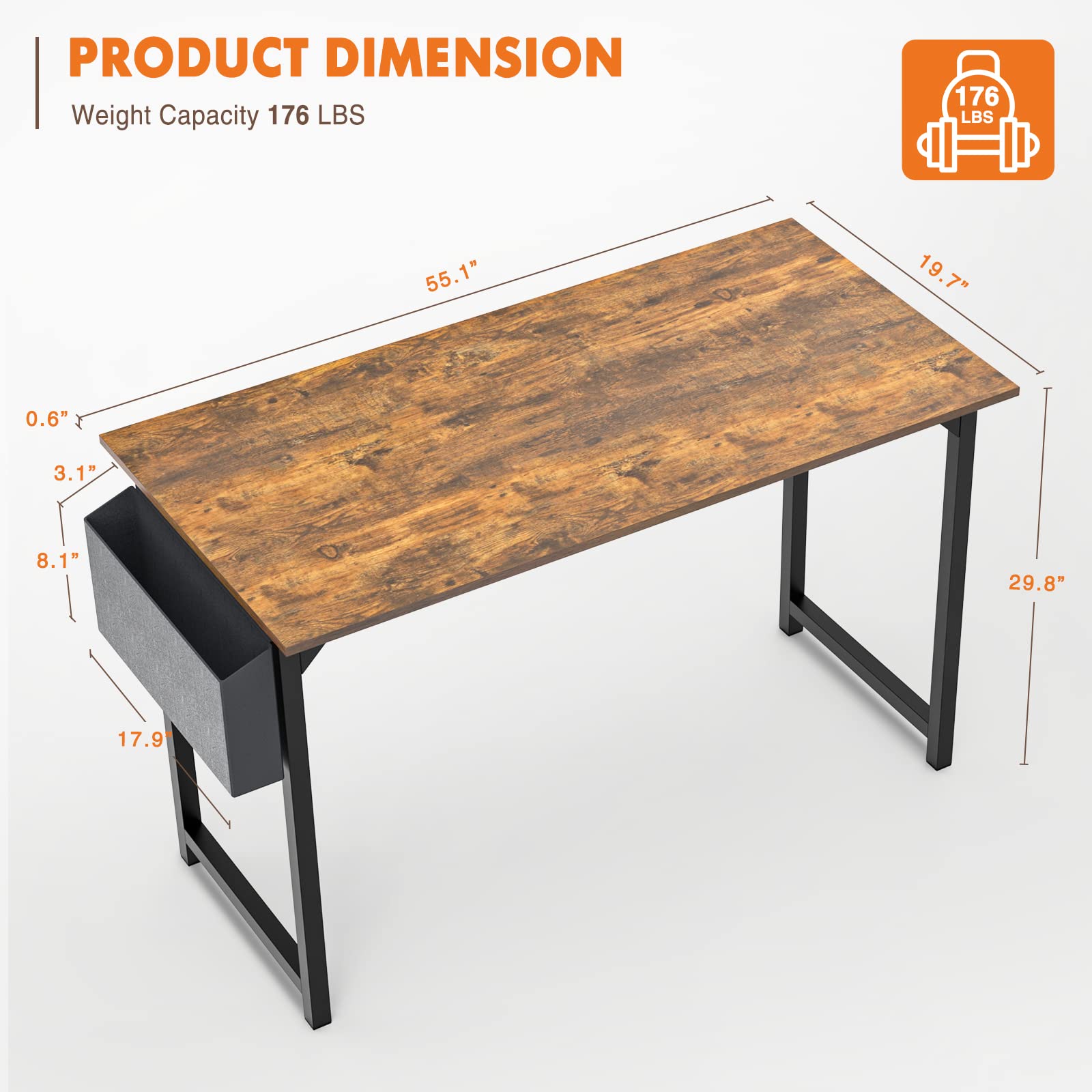 Computer Office Desk 55 Inch Student Study Writing Work with Metal Frame Wood Tabletop Modern Simple PC Home Bedroom Table, Rustic Brown, Compact Sturdy Desk for Laptop, Study, Gaming