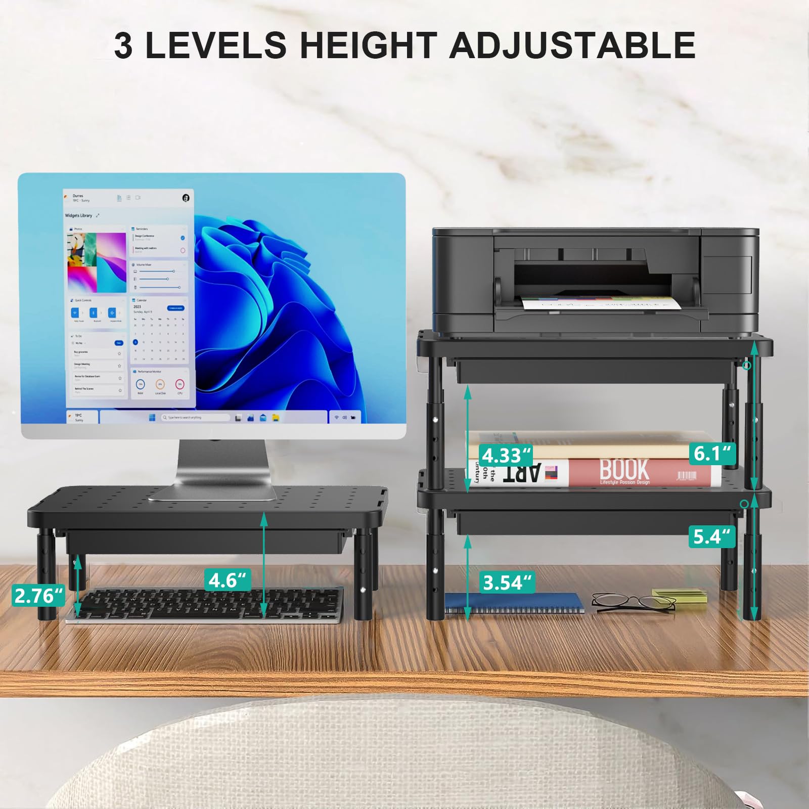 Computer Monitor Stand with Storage, Desk Monitor Riser 3 Height Adjustable, Laptop Riser with Airflow Vents, Desk Organizer for Computer, Laptop, Printer (PTT002-B), 1 Pack, Black