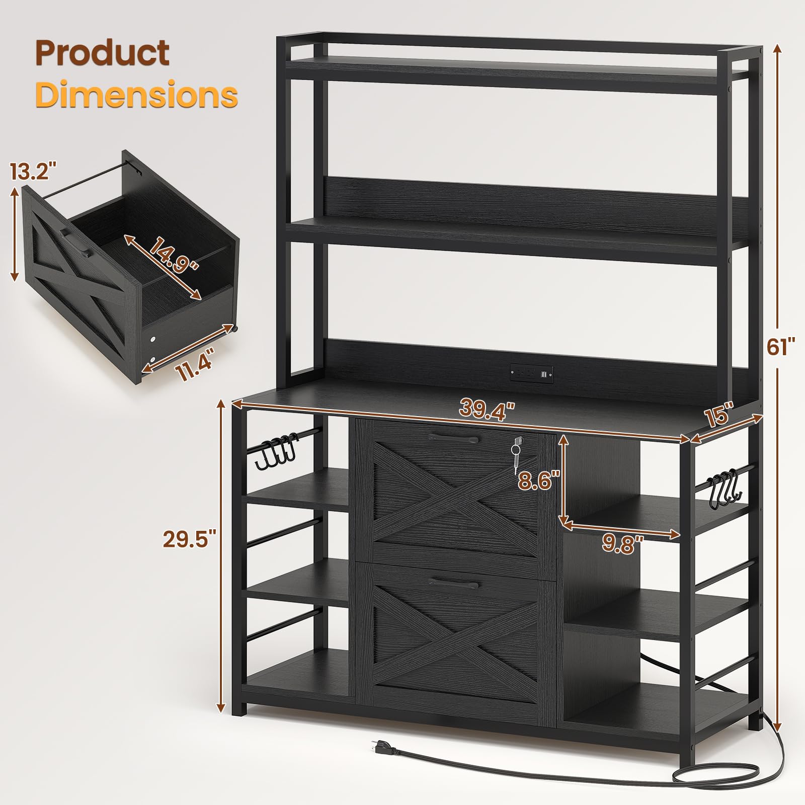 File Cabinet with Charging Station, Vertical Filing Cabinet with Lock for Home Office, Printer Stand with Open Storage Shelf, Fits Legal/Letter/A4 Size, Black