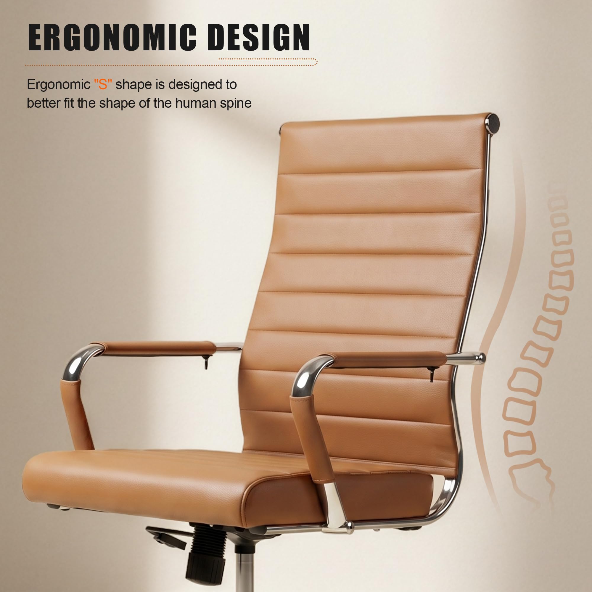 Office Desk Chair, Ergonomic Leather Modern Conference Room Chairs, Executive Ribbed Height Adjustable Swivel Rolling Chair for Home Office. (Brown)