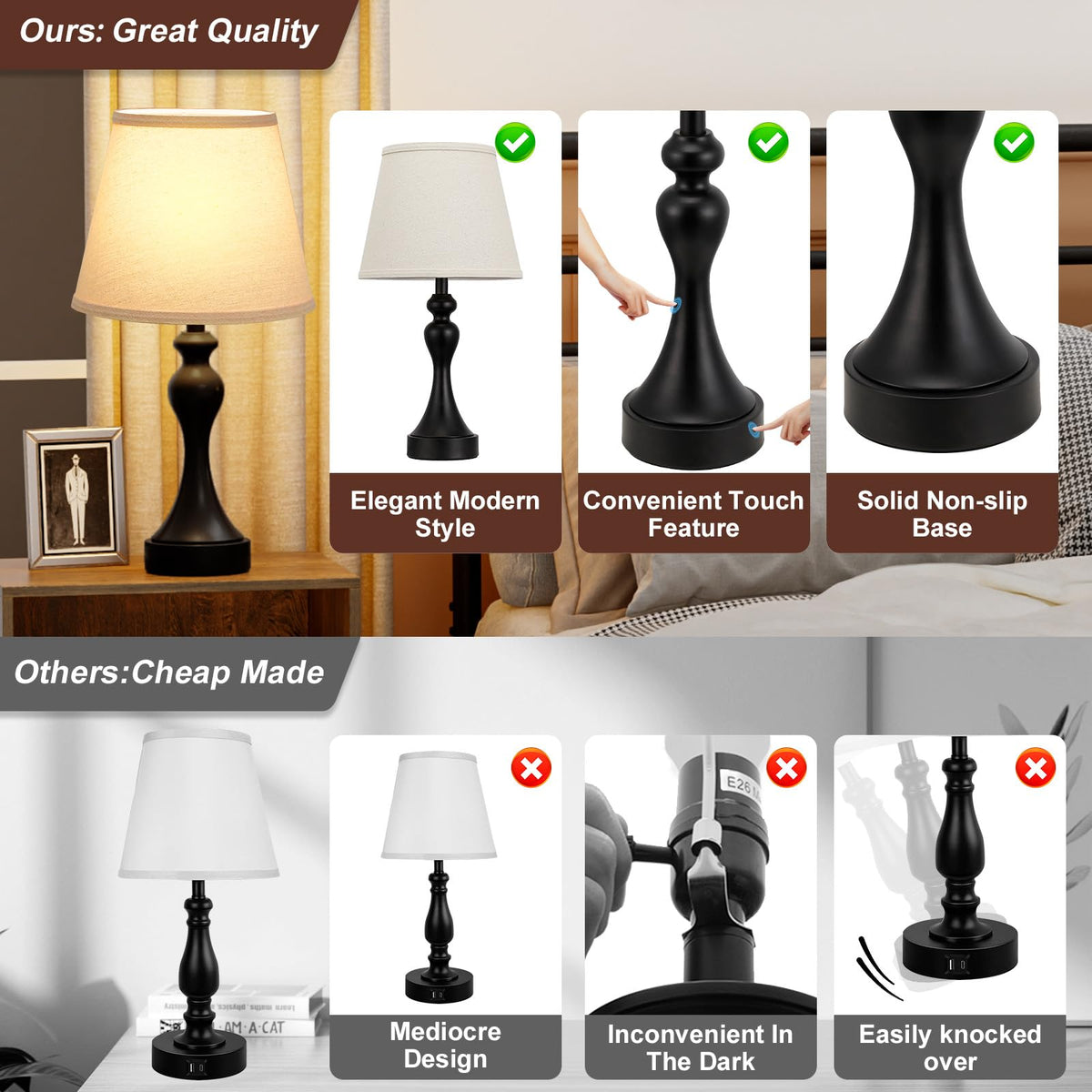 Touch Lamps for Nightstand, 3 Way Dimmable Bedside Lamps with USB C+A Ports