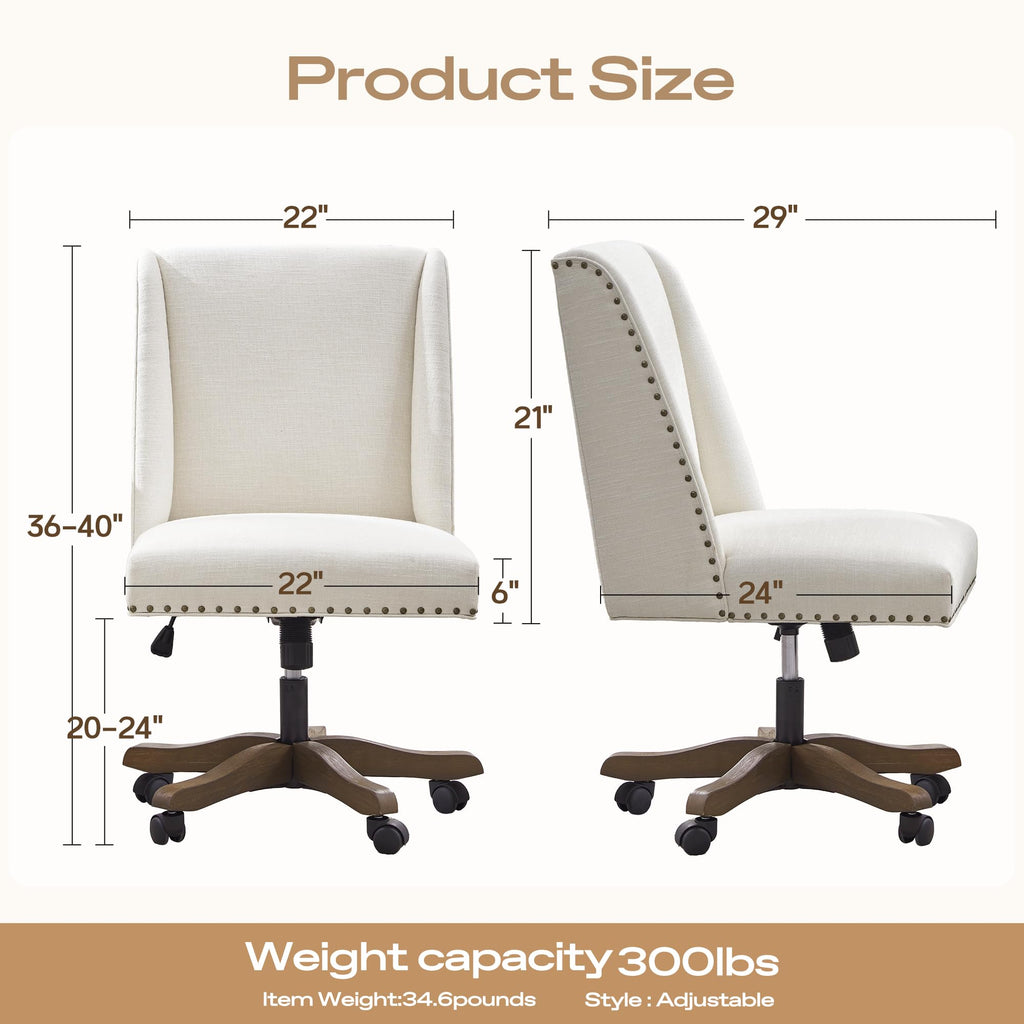 Armless Upholstered Office Chair with Wooden Legs, Modern Criss Cross Adjustable Home Office Desk Chair No Arms Sewing Chair Swivel Chair for Women Farmhouse Study Studio (Beige)