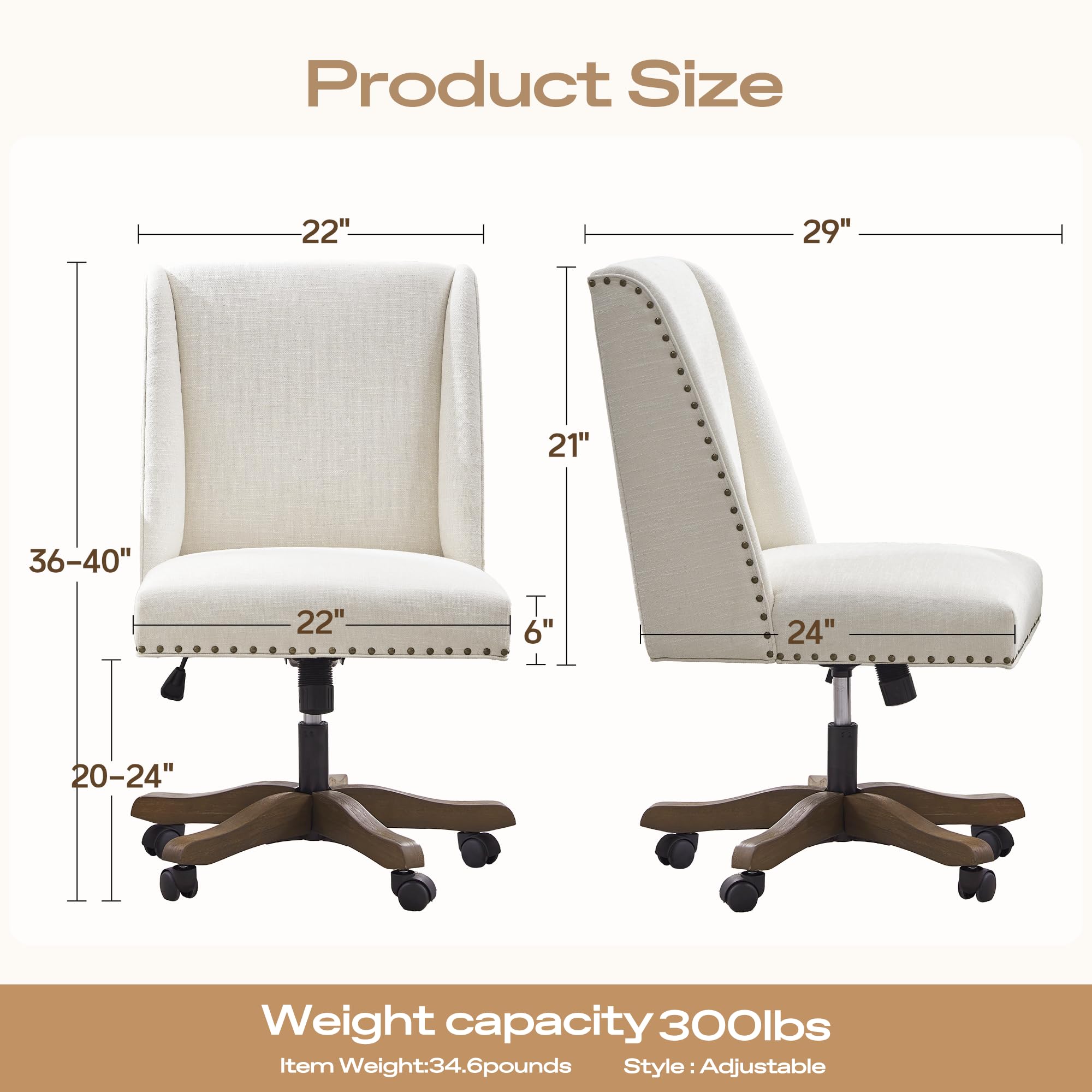 Armless Upholstered Office Chair with Wooden Legs, Modern Criss Cross Adjustable Home Office Desk Chair No Arms Sewing Chair Swivel Chair for Women Farmhouse Study Studio (Beige)